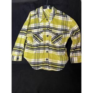 Ana Plaid Button-Up Wool Jacket with Dual Chest Pockets Lime GreenBlack Size XXL